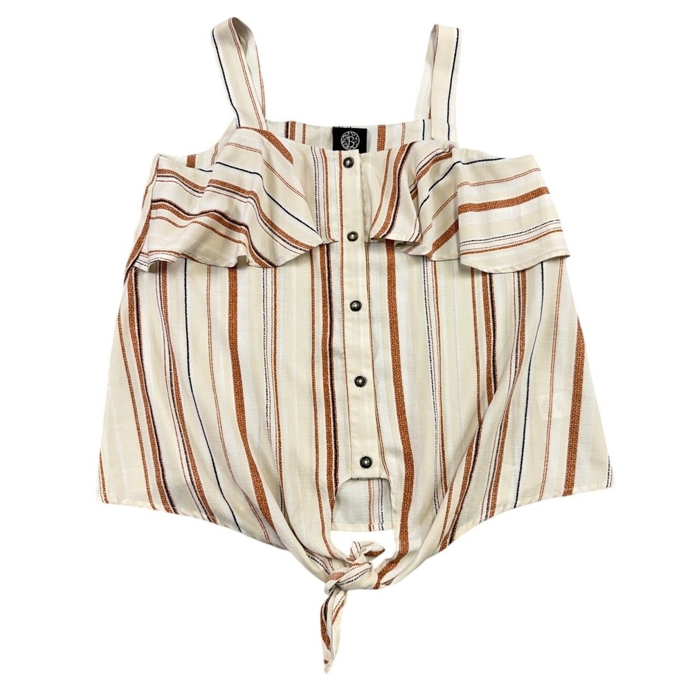 Bobeau Womens XS Striped Ruffle Front Tie Tank Top Cream Rust Button Up Blouse